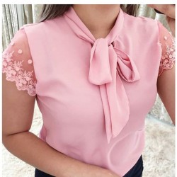 S-5XL New 2021 Lace Up Bow Tie Shirt Summer Short Sleeve Solid Chiffon Casual Blouse Plus Size 5xl Office Lady Blusas Woman Tops